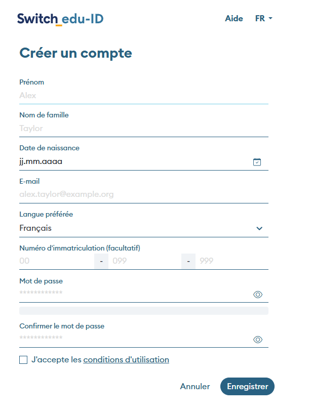Formulaire de création d'un compte SWITCH edu-ID