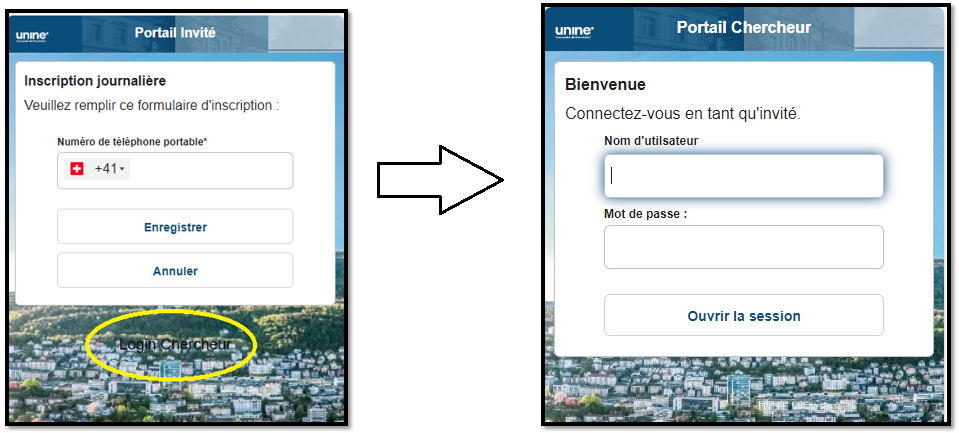 Portail public-unine avec le lien login Chercheur